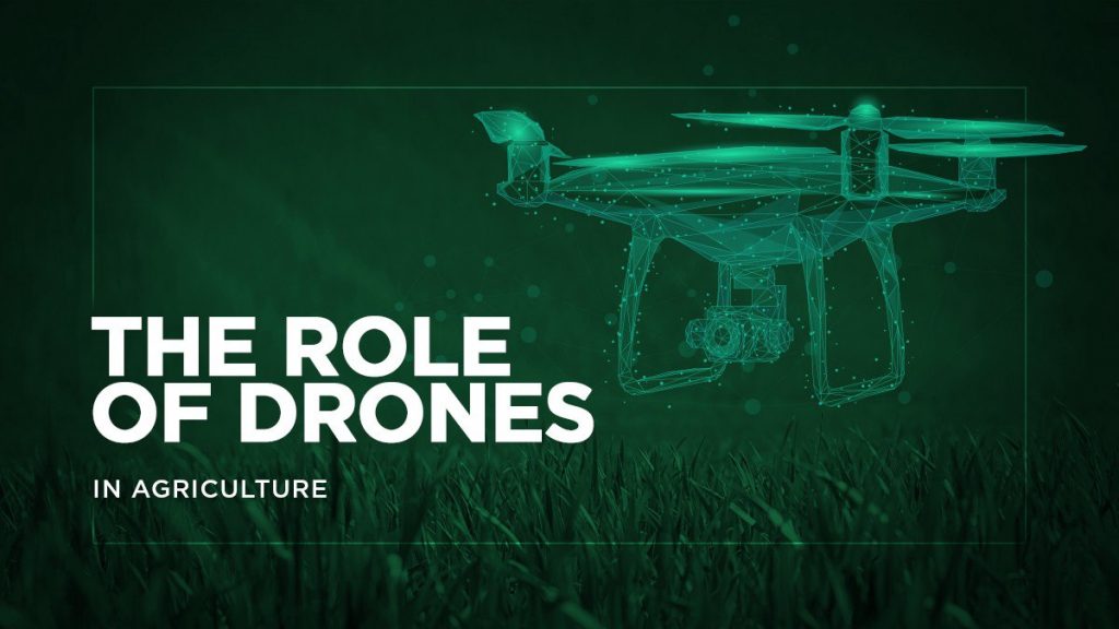 digital drone on a green background. Text with the title of the news article saying the role of drones in agriculture.