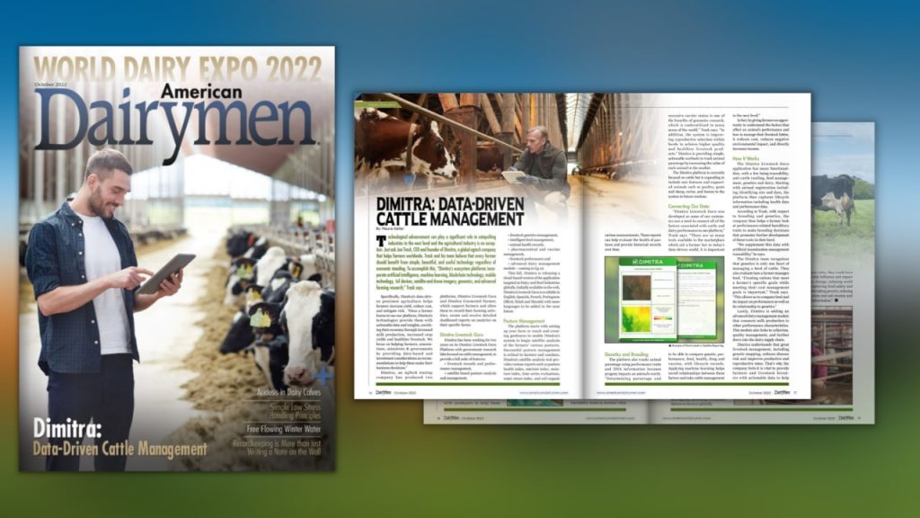 Faded background with a cover of a magazine as well as an open magazine in the foreground. Magazine cover has World Dairy Expo 2022 American Dairymen and the open magazine shows the article written about Dimitra.